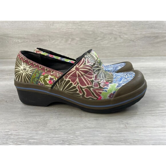 Dansko Shoes - Dansko Volley Women's 5.5 Blue Green Floral Patchwork Coated Slip-On Clog Shoe